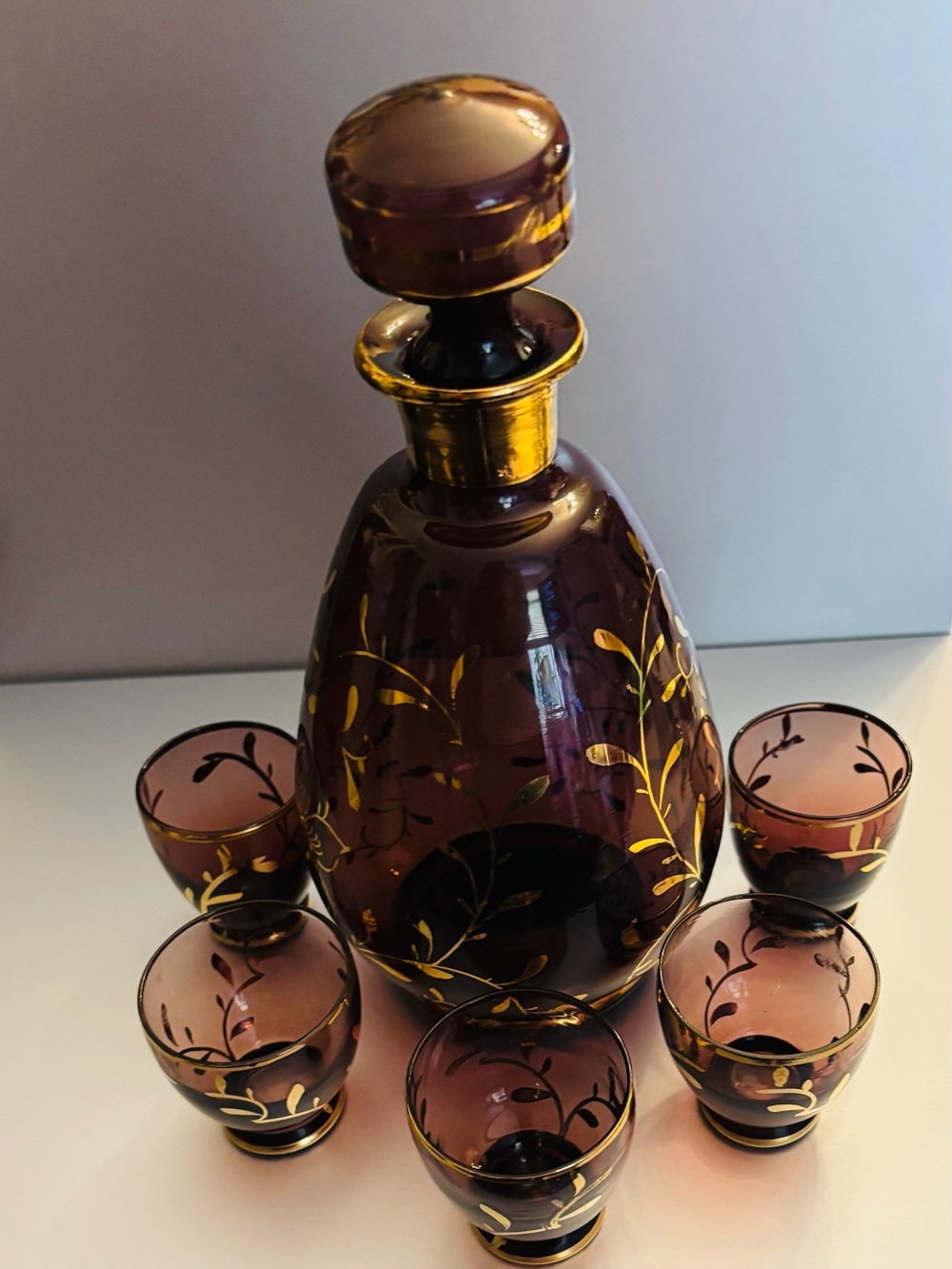 Italian amethyst Glass Decanter Set with Gold Leaf Detail